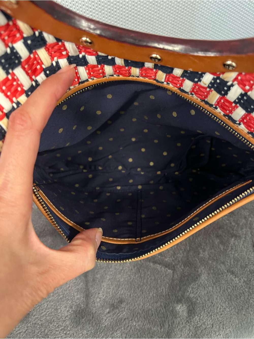 Kate Spade Red, White & Navy Woven Tote Clutch with Brown Leather Handles - Picture 4 of 10